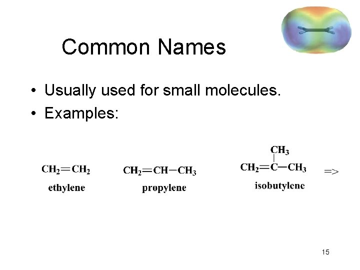 Common Names • Usually used for small molecules. • Examples: => 15 