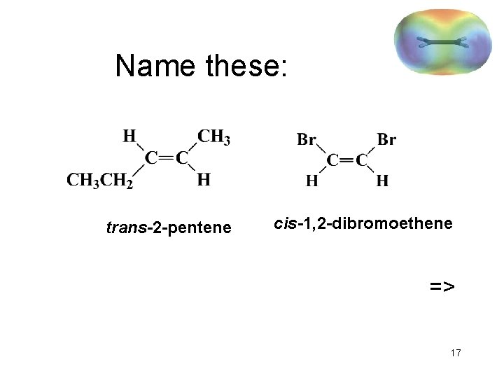 Name these: trans-2 -pentene cis-1, 2 -dibromoethene => 17 