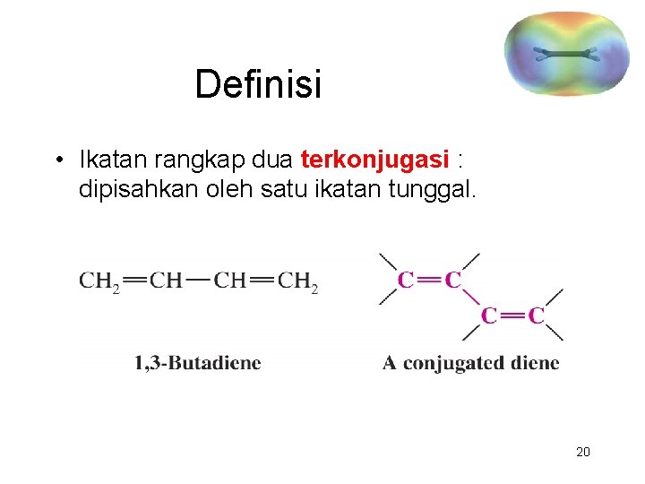 Definisi • Ikatan rangkap dua terkonjugasi : dipisahkan oleh satu ikatan tunggal. 20 