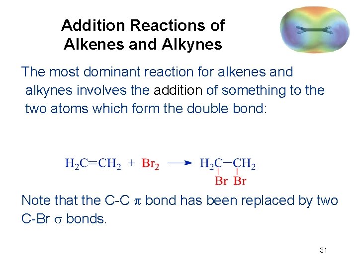 Addition Reactions of Alkenes and Alkynes The most dominant reaction for alkenes and alkynes