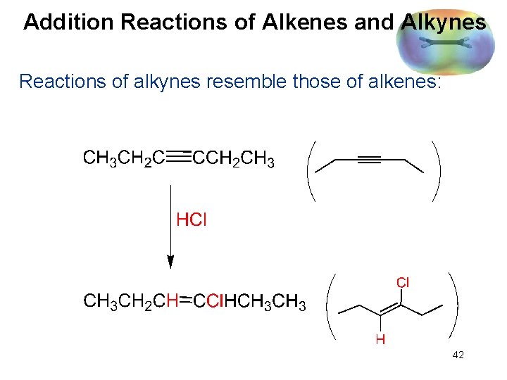 Addition Reactions of Alkenes and Alkynes Reactions of alkynes resemble those of alkenes: 42