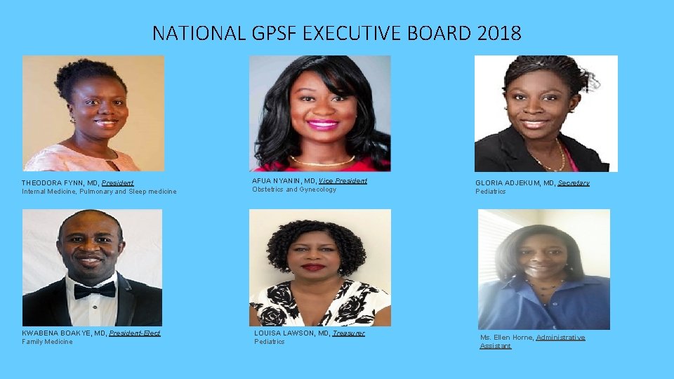 NATIONAL GPSF EXECUTIVE BOARD 2018 THEODORA FYNN, MD, President Internal Medicine, Pulmonary and Sleep