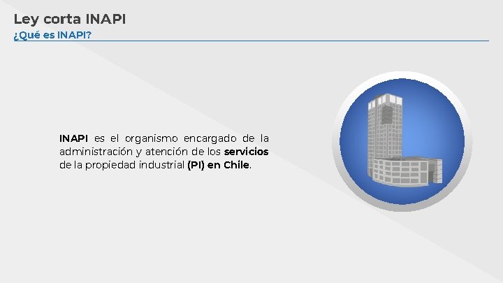 Ley corta INAPI ¿Qué es INAPI? INAPI es el organismo encargado de la administración