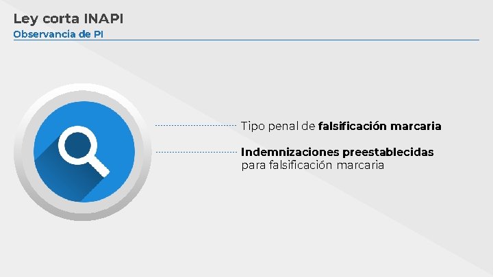 Ley corta INAPI Observancia de PI Tipo penal de falsificación marcaria Indemnizaciones preestablecidas para