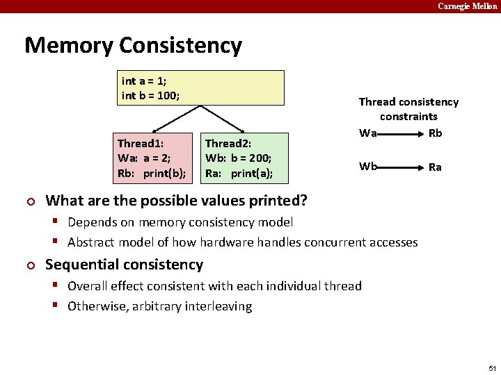 Carnegie Mellon Memory Consistency int a = 1; int b = 100; Thread 1: