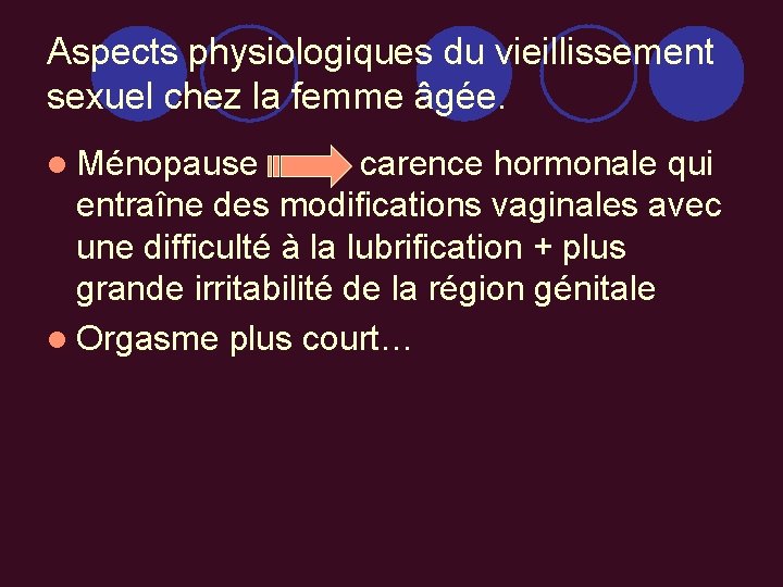 Aspects physiologiques du vieillissement sexuel chez la femme âgée. l Ménopause carence hormonale qui