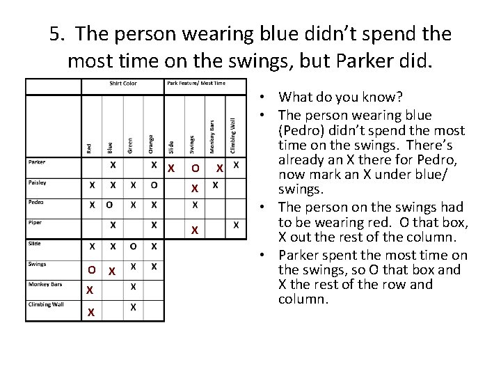 5. The person wearing blue didn’t spend the most time on the swings, but