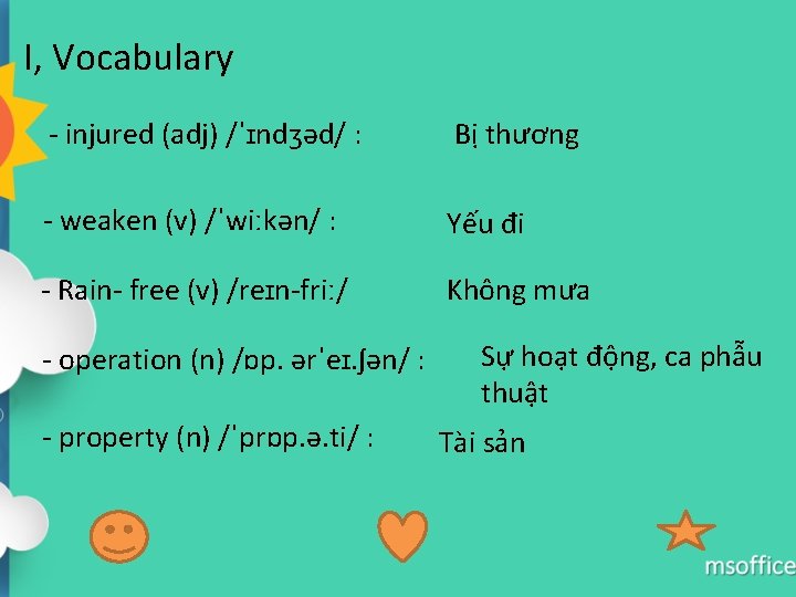 I, Vocabulary - injured (adj) /ˈɪndʒəd/ : Bị thương - weaken (v) /ˈwiːkən/ :