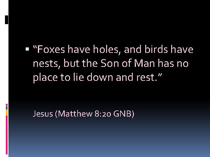  “Foxes have holes, and birds have nests, but the Son of Man has