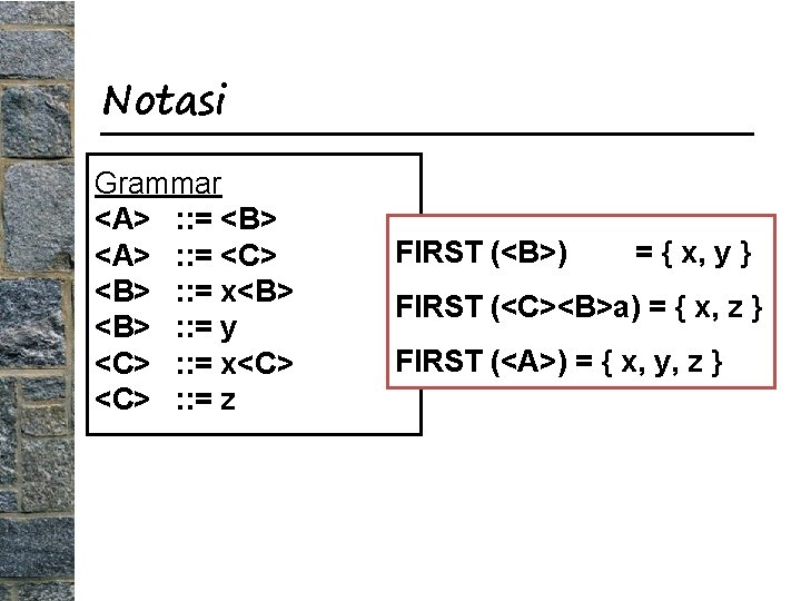 Notasi Grammar <A> : : = <B> <A> : : = <C> <B> :