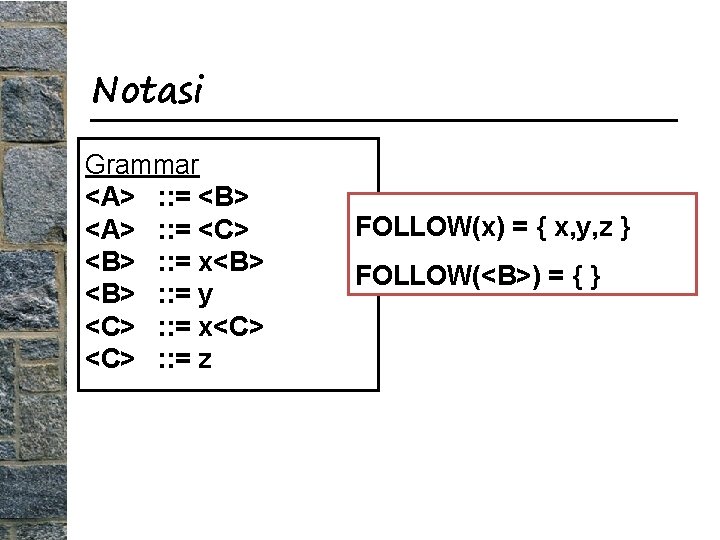 Notasi Grammar <A> : : = <B> <A> : : = <C> <B> :