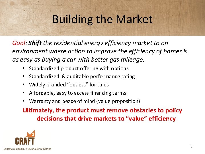 Building the Market Goal: Shift the residential energy efficiency market to an environment where