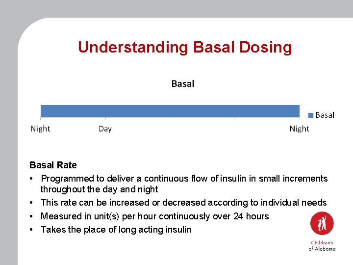 Understanding Basal Dosing Basal Rate • Programmed to deliver a continuous flow of insulin