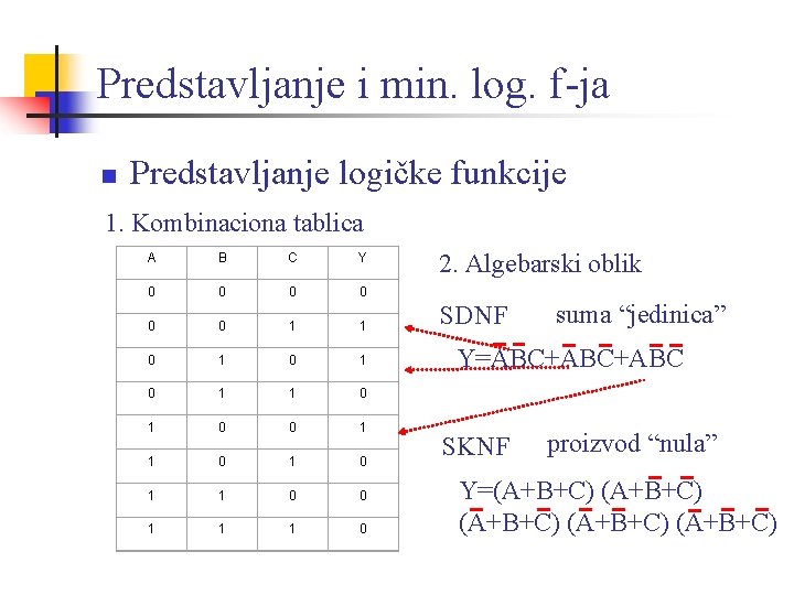 Predstavljanje i min. log. f-ja n Predstavljanje logičke funkcije 1. Kombinaciona tablica A B