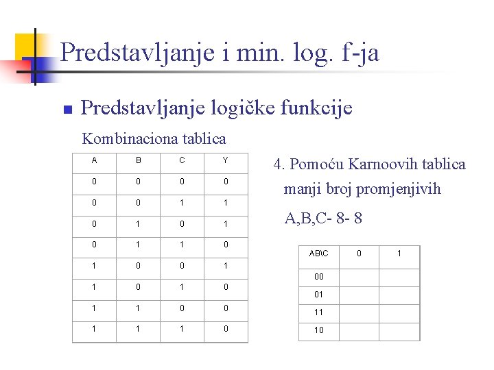 Predstavljanje i min. log. f-ja n Predstavljanje logičke funkcije Kombinaciona tablica A B C