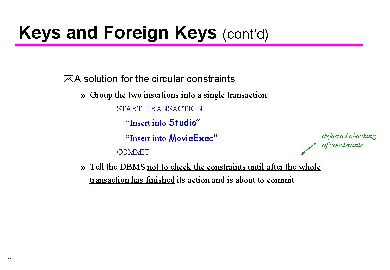 Keys and Foreign Keys (cont’d) *A solution for the circular constraints » Group the