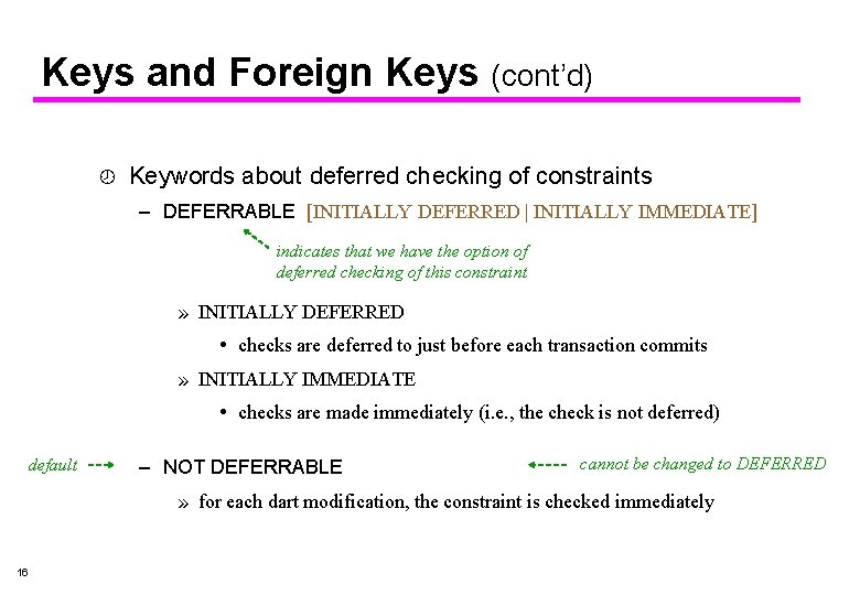 Keys and Foreign Keys (cont’d) ¾ Keywords about deferred checking of constraints – DEFERRABLE