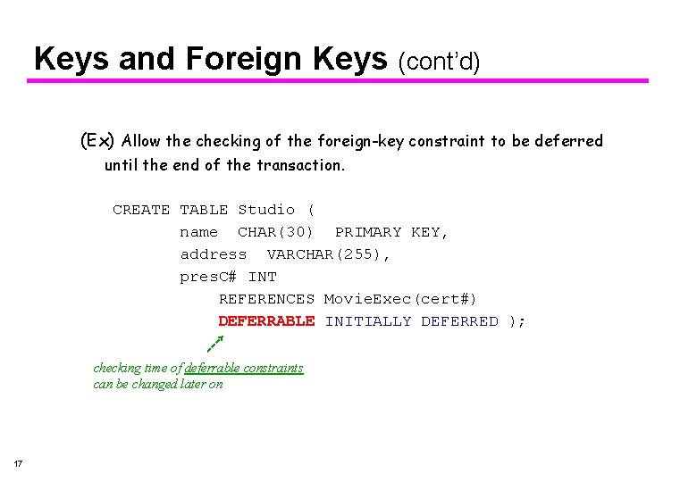 Keys and Foreign Keys (cont’d) (Ex) Allow the checking of the foreign-key constraint to