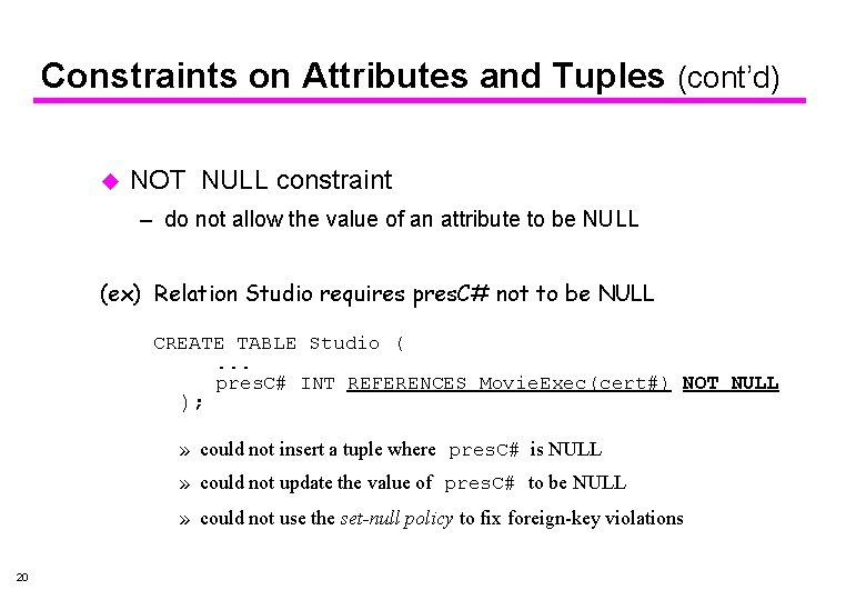 Constraints on Attributes and Tuples (cont’d) u NOT NULL constraint – do not allow