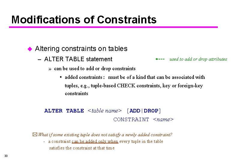 Modifications of Constraints u Altering constraints on tables – ALTER TABLE statement used to