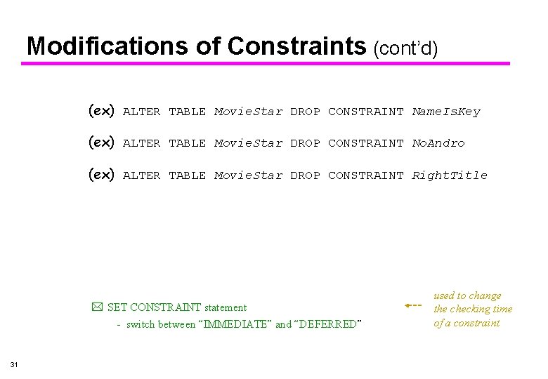 Modifications of Constraints (cont’d) (ex) ALTER TABLE Movie. Star DROP CONSTRAINT Name. Is. Key