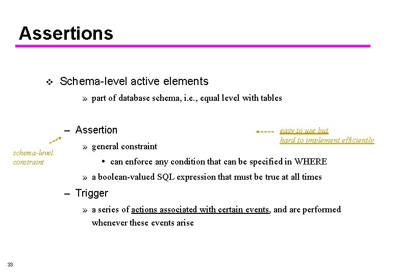 Assertions v Schema-level active elements » part of database schema, i. e. , equal Assertions v Schema-level active elements » part of database schema, i. e. , equal