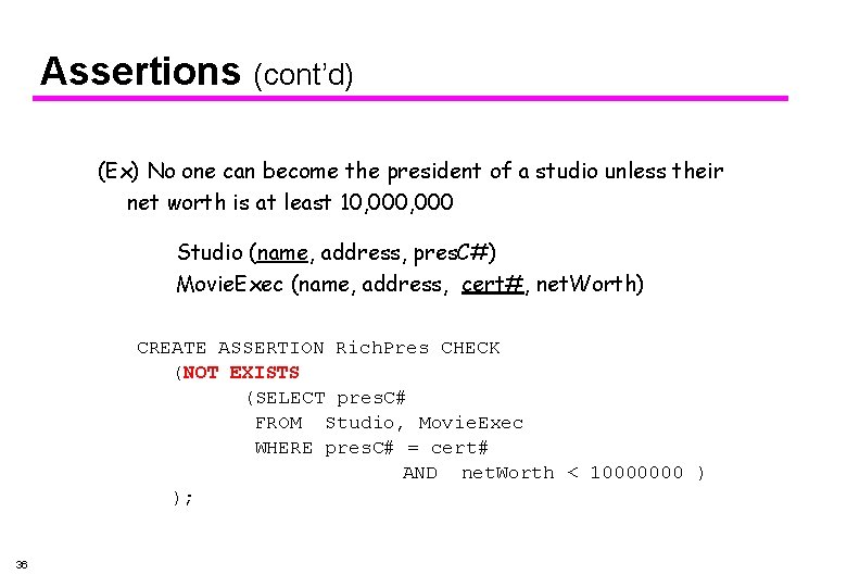 Assertions (cont’d) (Ex) No one can become the president of a studio unless their