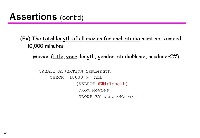 Assertions (cont’d) (Ex) The total length of all movies for each studio must not