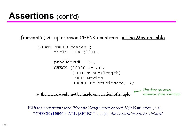 Assertions (cont’d) (ex-cont’d) A tuple-based CHECK constraint in the Movies table. CREATE TABLE Movies