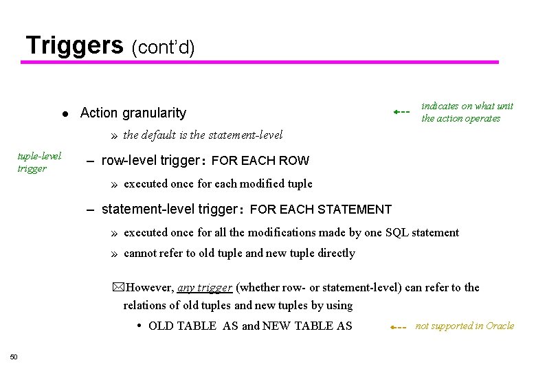 Triggers (cont’d) l Action granularity indicates on what unit the action operates » the Triggers (cont’d) l Action granularity indicates on what unit the action operates » the