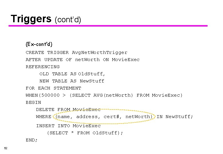 Triggers (cont’d) (Ex-cont’d) CREATE TRIGGER Avg. Net. Worth. Trigger AFTER UPDATE OF net. Worth