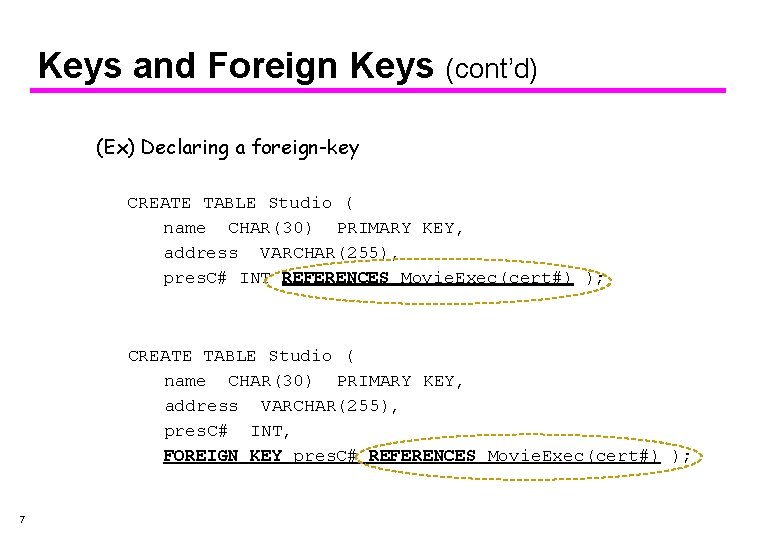 Keys and Foreign Keys (cont’d) (Ex) Declaring a foreign-key CREATE TABLE Studio ( name