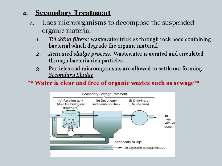 2. Secondary Treatment A. Uses microorganisms to decompose the suspended organic material 1. Trickling