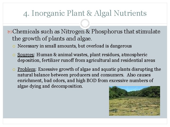 4. Inorganic Plant & Algal Nutrients Chemicals such as Nitrogen & Phosphorus that stimulate