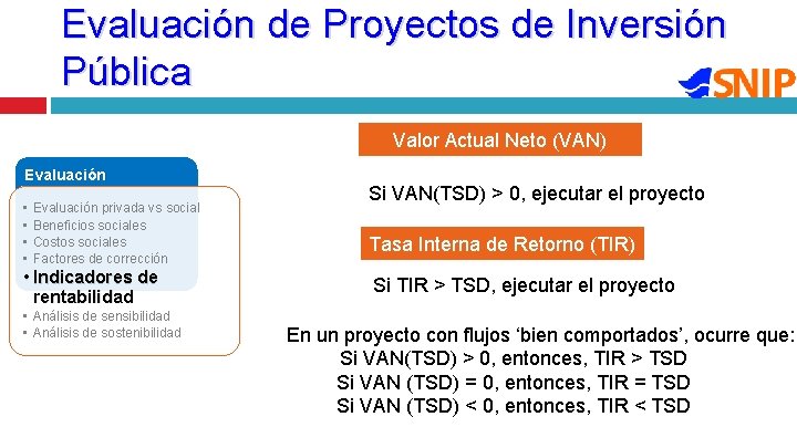 Evaluación de Proyectos de Inversión Pública Valor Actual Neto (VAN) Evaluación • • Evaluación