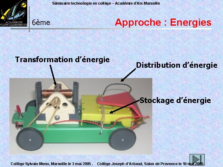 Séminaire technologie en collège – Académie d’Aix-Marseille 6ème Transformation d’énergie Approche : Energies Distribution