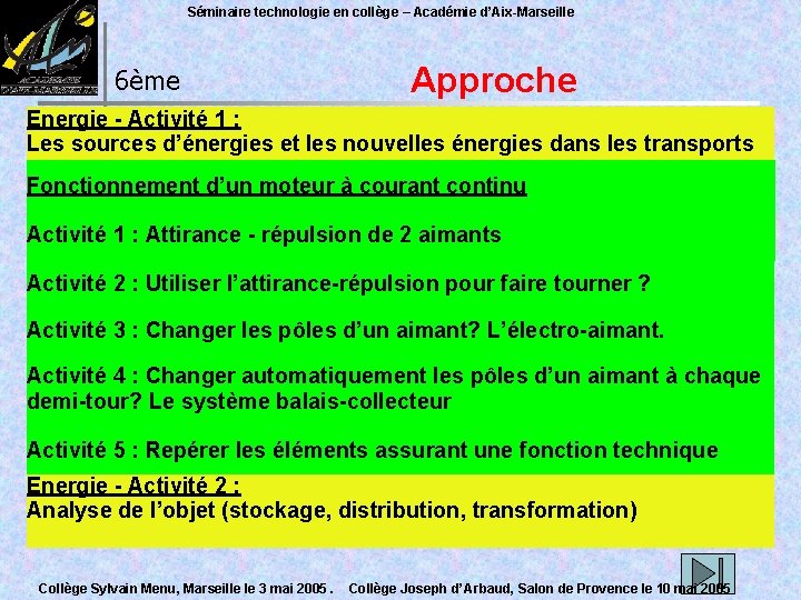 Séminaire technologie en collège – Académie d’Aix-Marseille 6ème Approche Energie - Activité 1 :