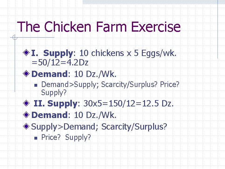 The Chicken Farm Exercise I. Supply: 10 chickens x 5 Eggs/wk. =50/12=4. 2 Dz