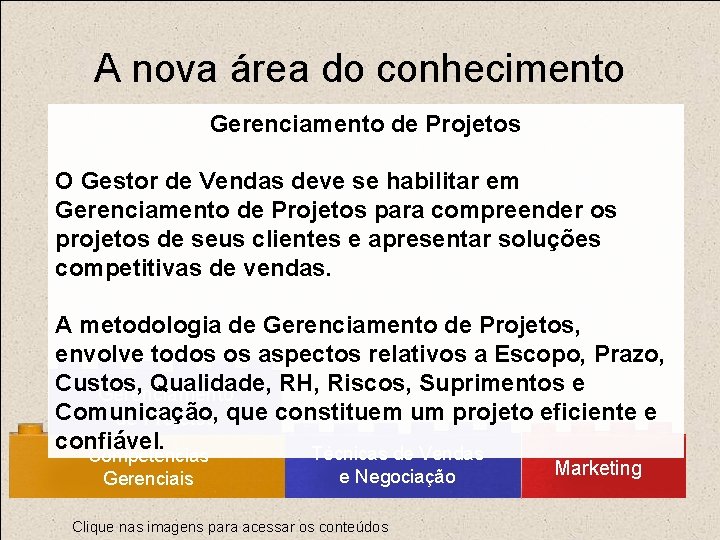 A nova área do conhecimento Gerenciamento de Projetos O Gestor de Vendas deve se