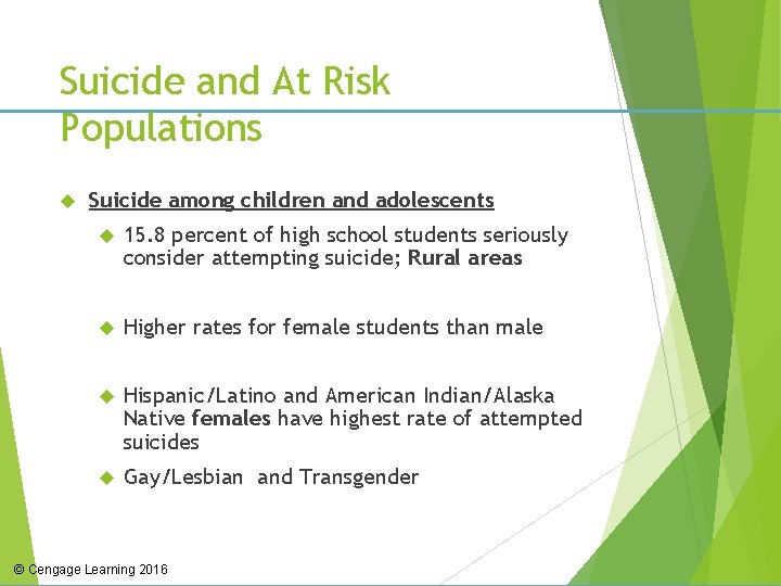 Suicide and At Risk Populations Suicide among children and adolescents 15. 8 percent of