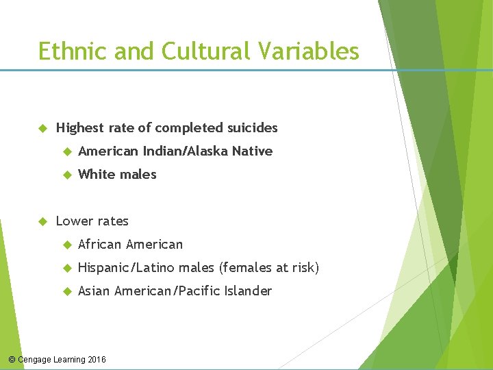 Ethnic and Cultural Variables Highest rate of completed suicides American Indian/Alaska Native White males