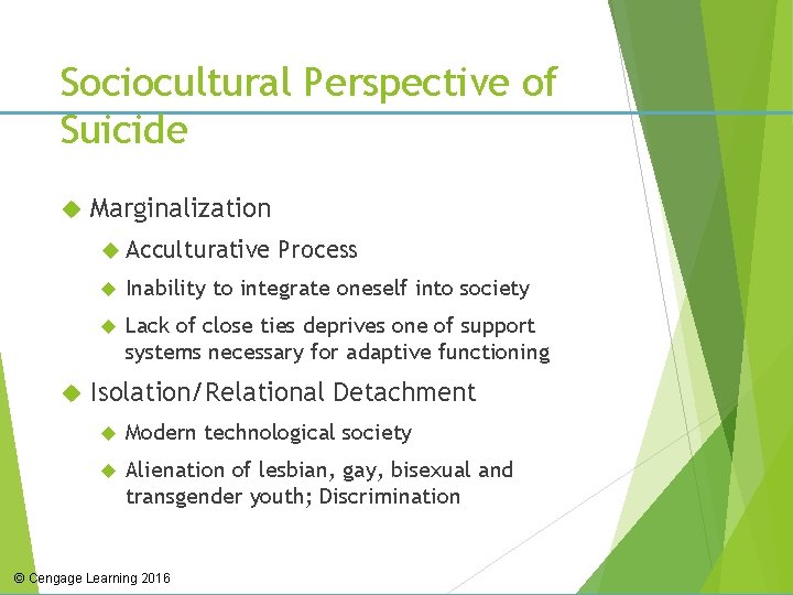 Sociocultural Perspective of Suicide Marginalization Acculturative Process Inability to integrate oneself into society Lack