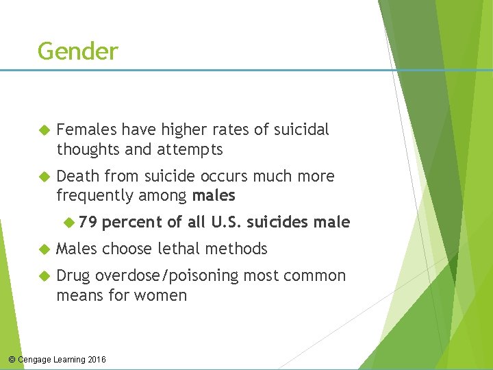 Gender Females have higher rates of suicidal thoughts and attempts Death from suicide occurs