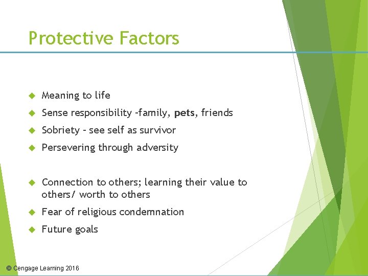 Protective Factors Meaning to life Sense responsibility –family, pets, friends Sobriety – see self