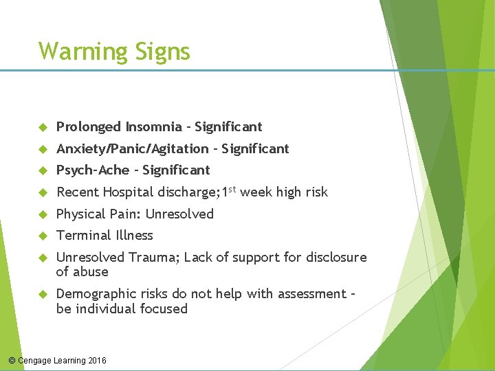 Warning Signs Prolonged Insomnia - Significant Anxiety/Panic/Agitation – Significant Psych-Ache - Significant Recent Hospital
