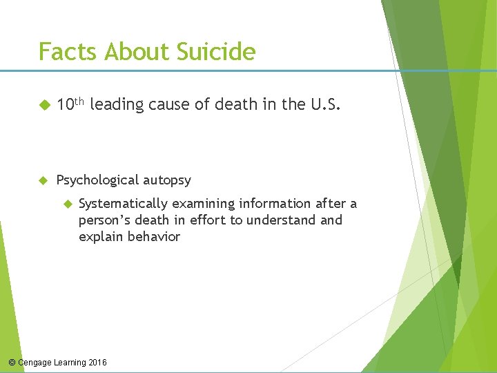 Facts About Suicide 10 th leading cause of death in the U. S. Psychological