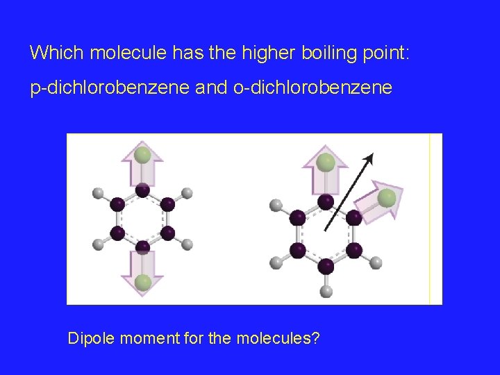 Which molecule has the higher boiling point: p-dichlorobenzene and o-dichlorobenzene Dipole moment for the