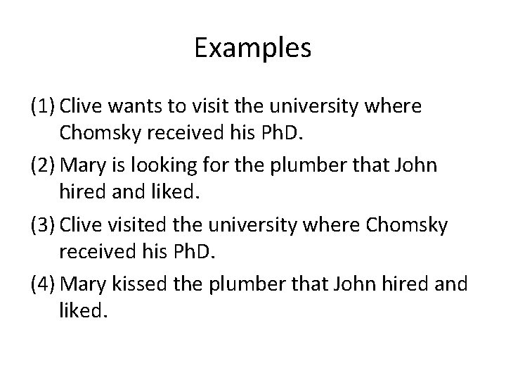 Examples (1) Clive wants to visit the university where Chomsky received his Ph. D.