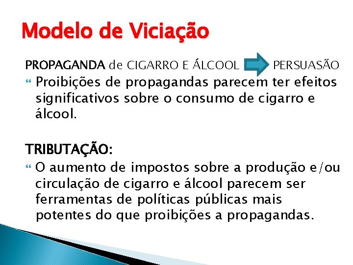 Modelo de Viciação PROPAGANDA de CIGARRO E ÁLCOOL PERSUASÃO Proibições de propagandas parecem ter