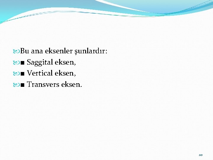  Bu ana eksenler şunlardır: ■ Saggital eksen, ■ Vertical eksen, ■ Transvers eksen.